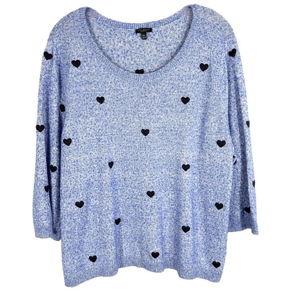 Talbots Plus Size 3XP Sweater Embroidered Hearts Crewneck Blue Pullover Wool 471 - Picture 1 of 10